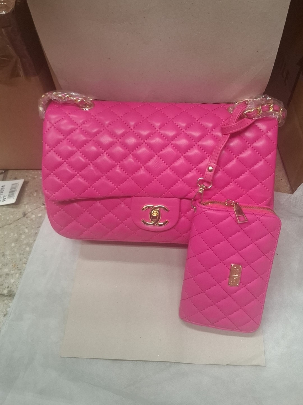 Pink Quilted Shoulder Bag with Matching Pouch - Designer Style